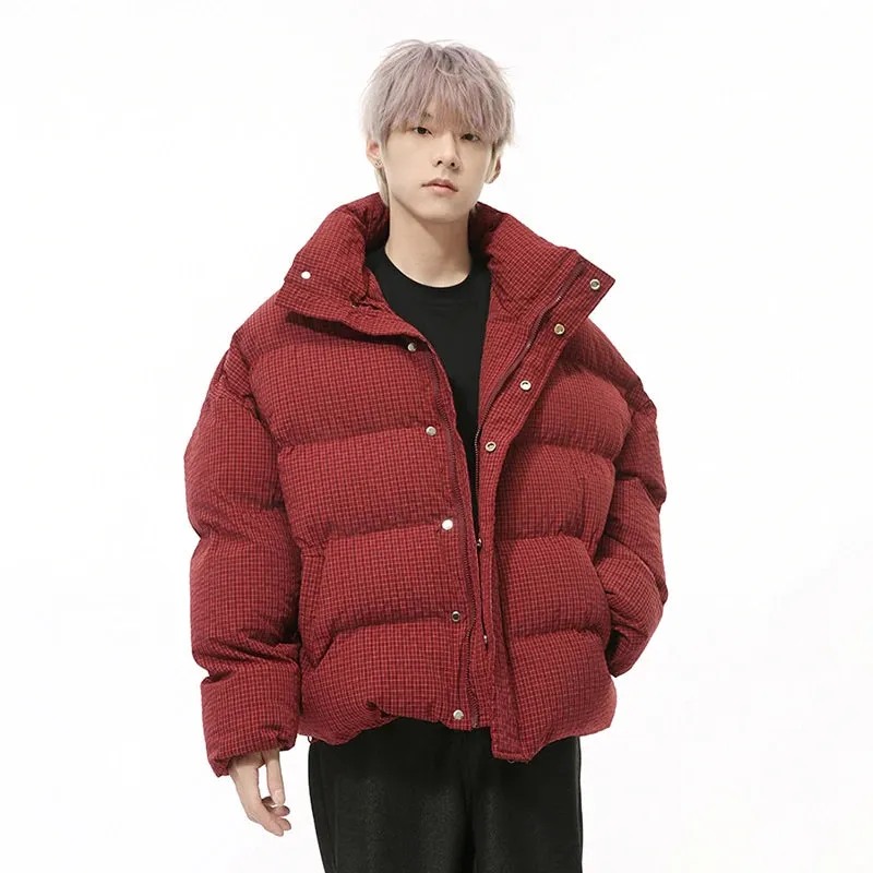 American Style Men's Cotton Coats Stand Collar Plaid Drawstring Casual Tops Thick Vintage Loose Male Padded Jackets 9C9340