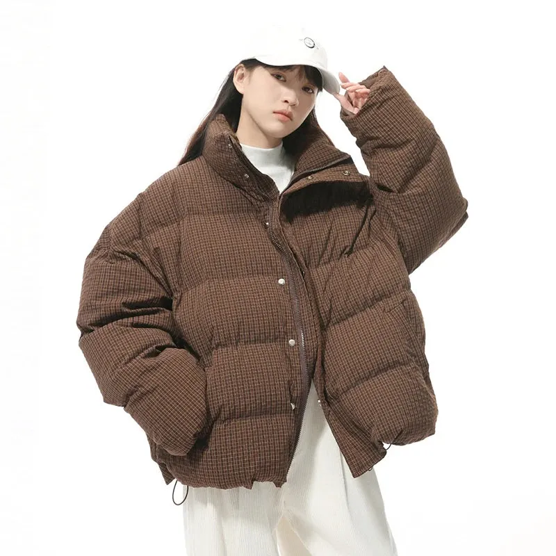 American Style Men's Cotton Coats Stand Collar Plaid Drawstring Casual Tops Thick Vintage Loose Male Padded Jackets 9C9340