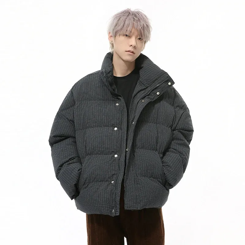 American Style Men's Cotton Coats Stand Collar Plaid Drawstring Casual Tops Thick Vintage Loose Male Padded Jackets 9C9340