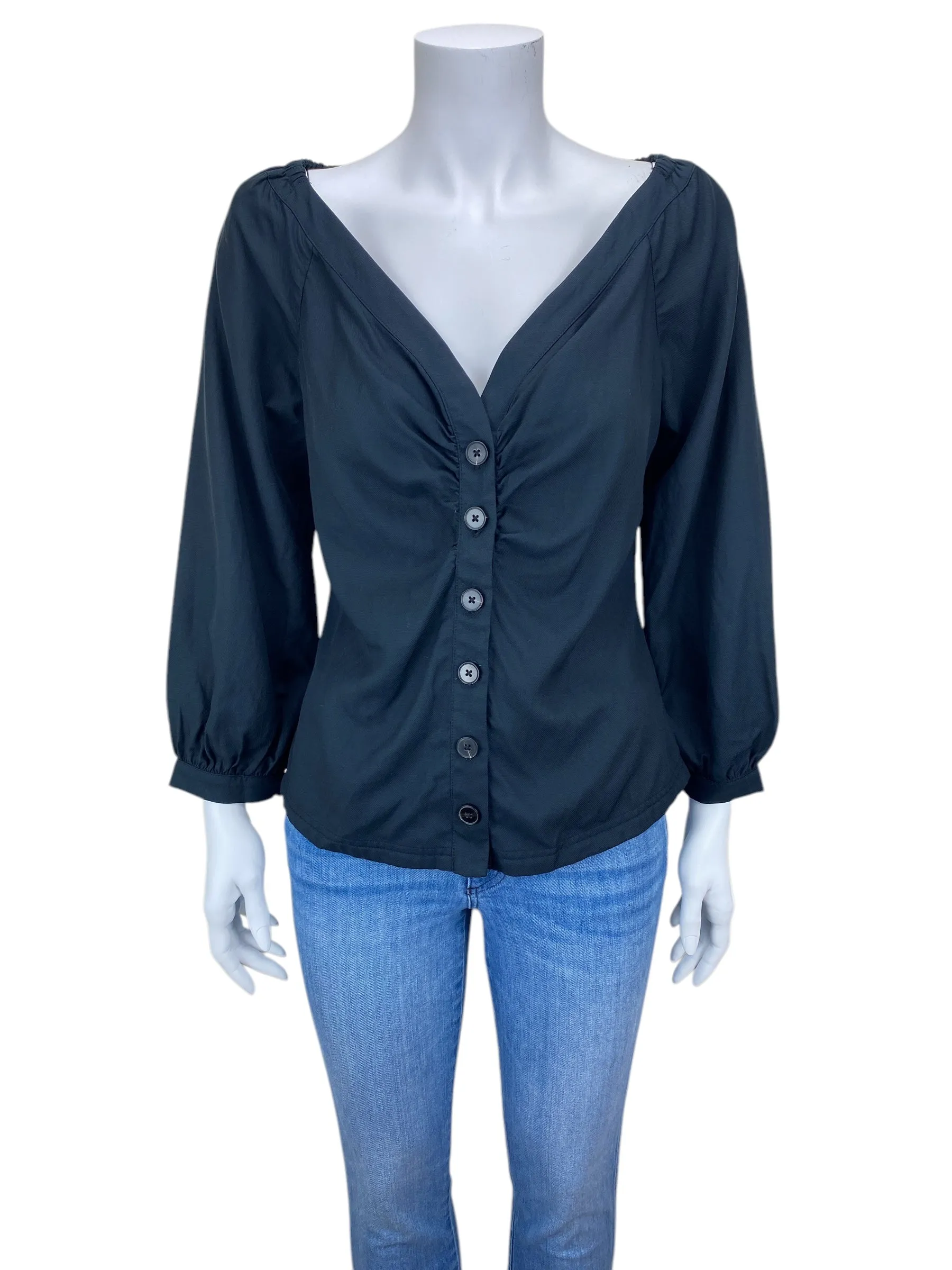 Anthropologie Maeve Women's Solange Ruched Blouse Black Multi Size M