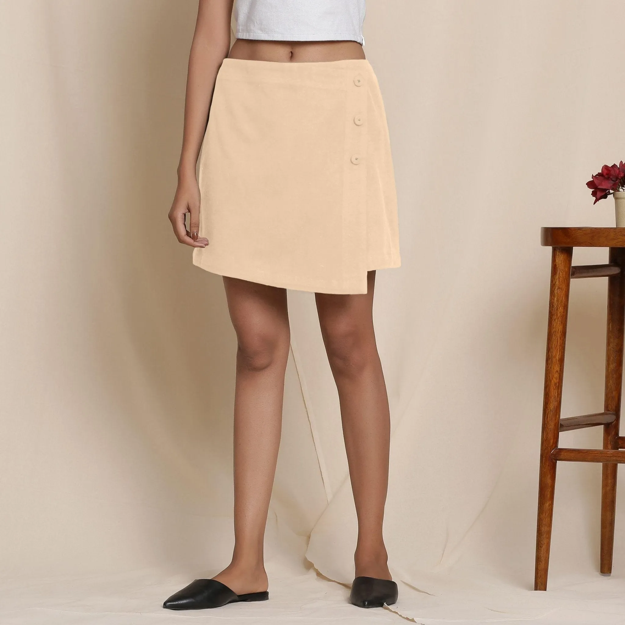 Beige Warm Cotton Flannel Short Overlap Skirt