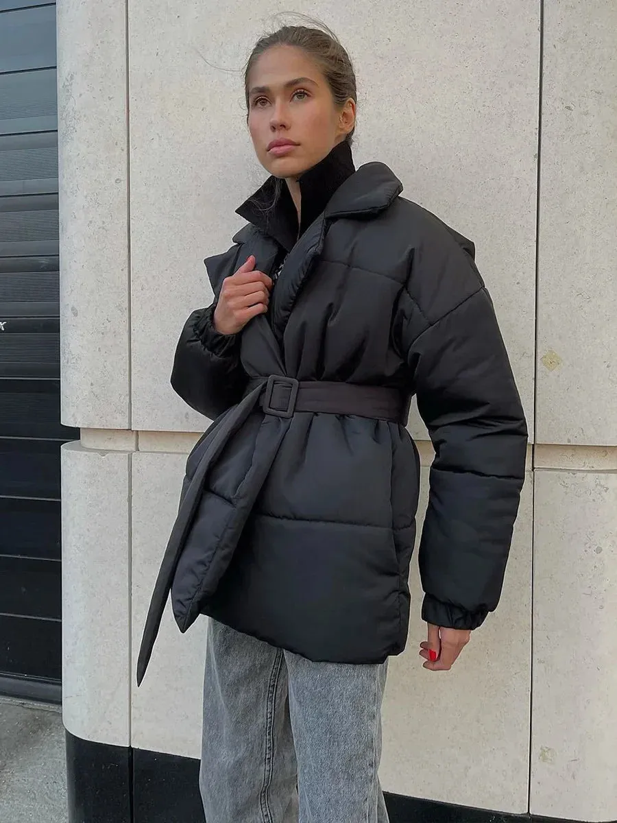 Black Friday Joskaa Fall Winter Thickened Lapel Cotton Jackets Coat For Women Solid Color Lace Up Waist-Cinching Casual Cotton-Padded Jacket