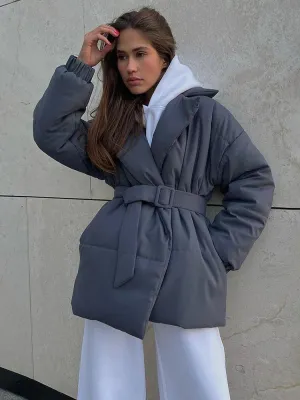 Black Friday Joskaa Fall Winter Thickened Lapel Cotton Jackets Coat For Women Solid Color Lace Up Waist-Cinching Casual Cotton-Padded Jacket