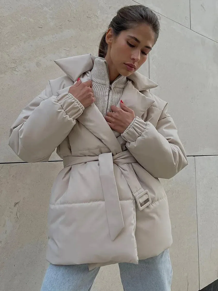 Black Friday Joskaa Fall Winter Thickened Lapel Cotton Jackets Coat For Women Solid Color Lace Up Waist-Cinching Casual Cotton-Padded Jacket