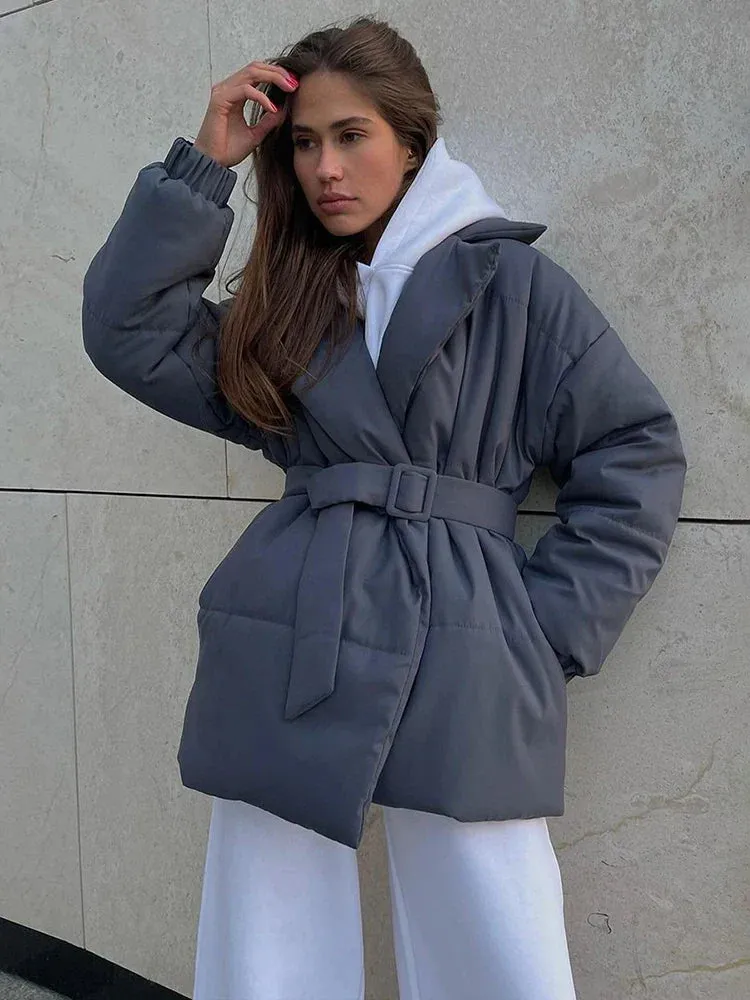 Black Friday Joskaa Fall Winter Thickened Lapel Cotton Jackets Coat For Women Solid Color Lace Up Waist-Cinching Casual Cotton-Padded Jacket