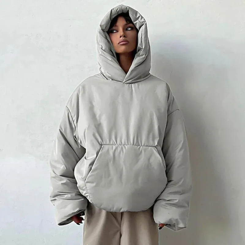 Black Friday Sonicelife Casual Hooded Pullover Cotton-Padded Jacket For Women Autumn Winter Long Sleeve With Pocket Solid Loose Female Short Coat