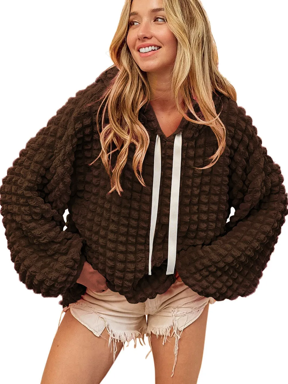 Bubble Textured Dark Brown Hoodie with Southern Belle Style