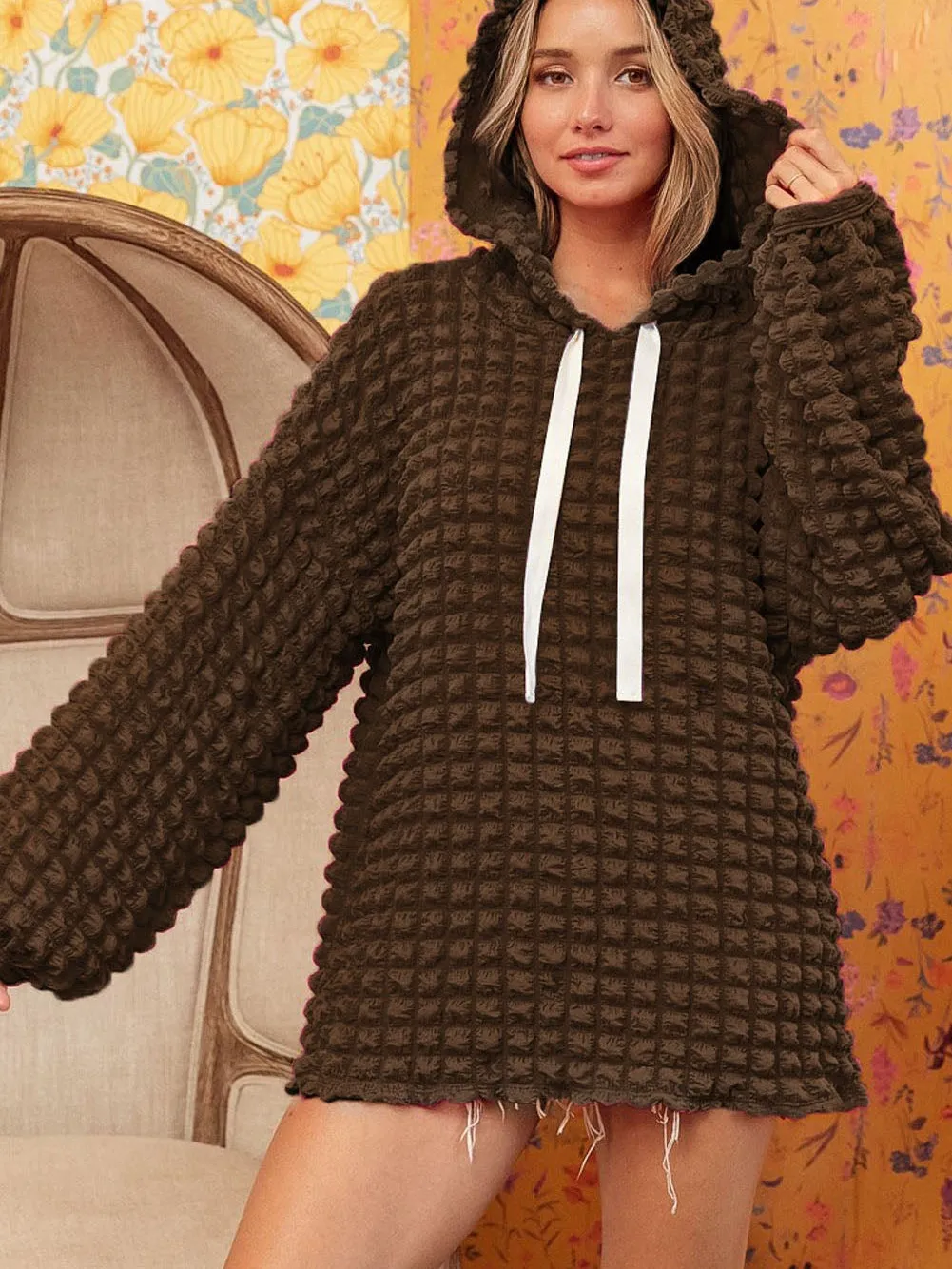 Bubble Textured Dark Brown Hoodie with Southern Belle Style