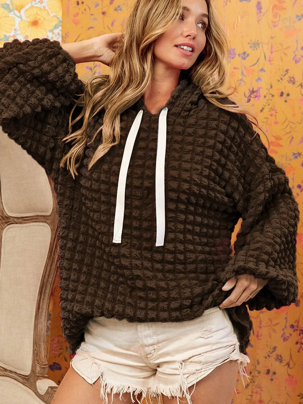 Bubble Textured Dark Brown Hoodie with Southern Belle Style