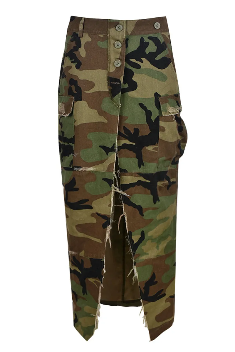 Cargo Pocket Split Hem Camo Maxi Skirt