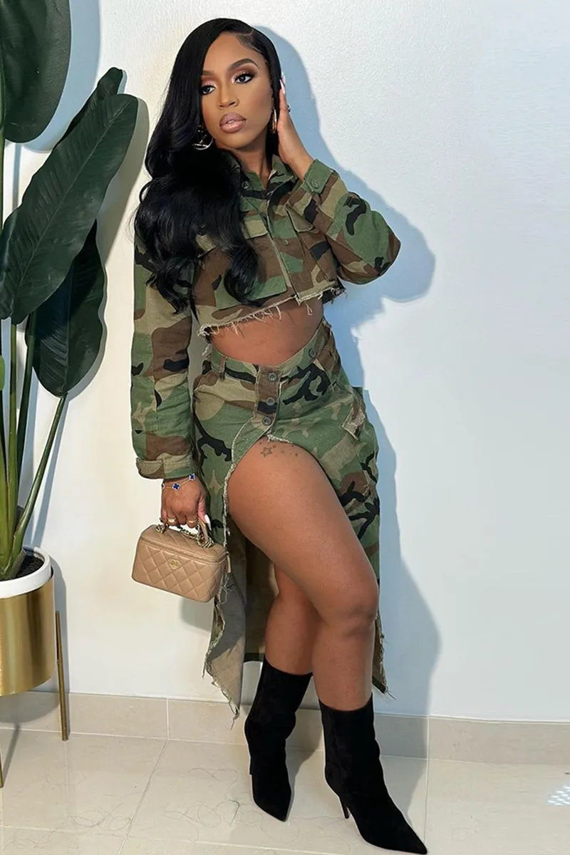 Cargo Pocket Split Hem Camo Maxi Skirt