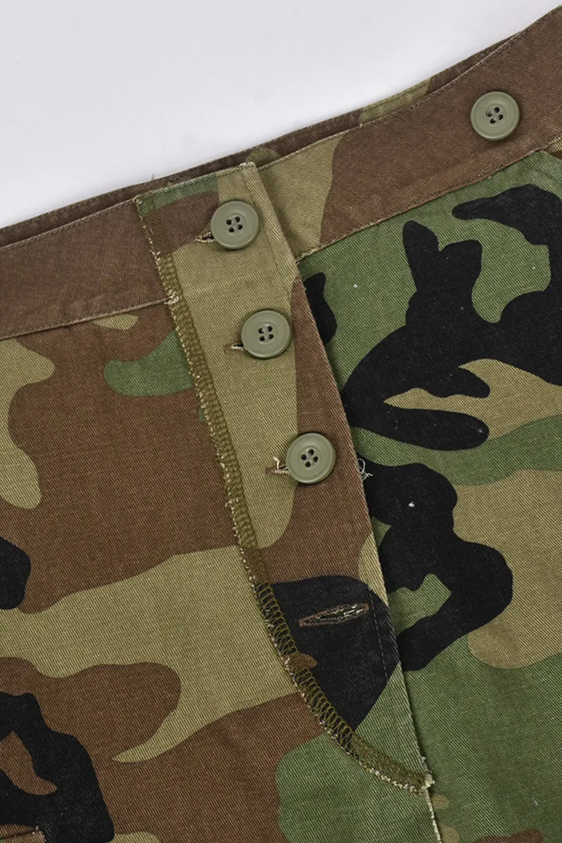 Cargo Pocket Split Hem Camo Maxi Skirt