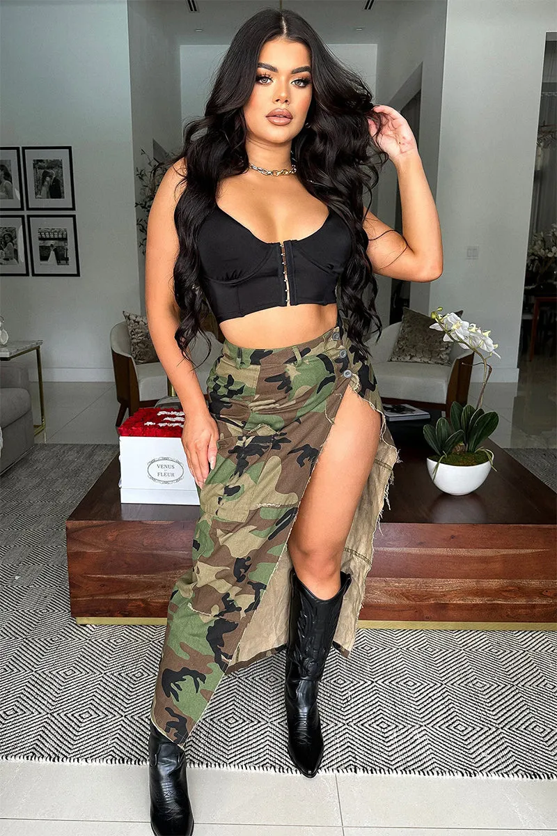 Cargo Pocket Split Hem Camo Maxi Skirt