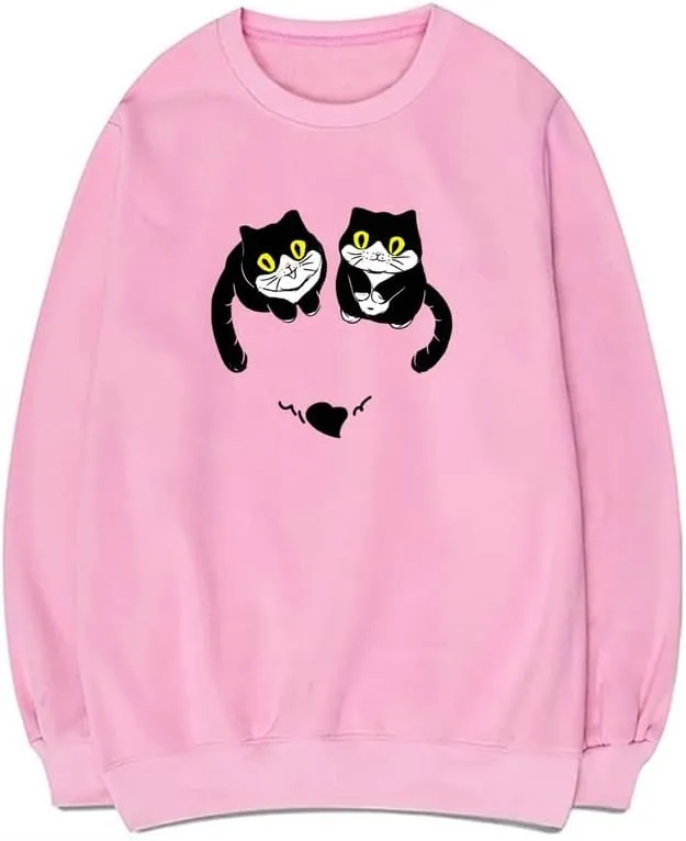 CORIRESHA Unisex Cute Cat Sweatshirts Crewneck Long Sleeves Casual Hearts Pullovers