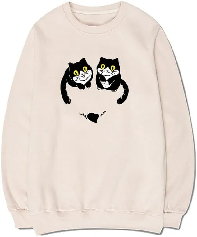 CORIRESHA Unisex Cute Cat Sweatshirts Crewneck Long Sleeves Casual Hearts Pullovers