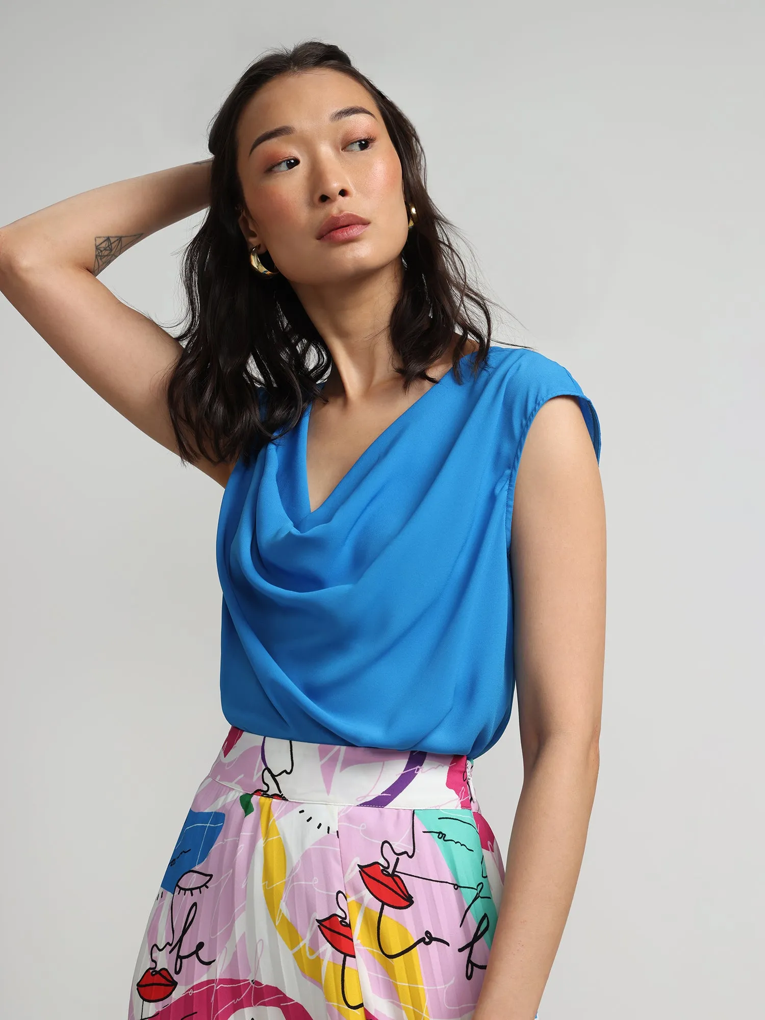 Cowl-Neck Flutter-Sleeve Blouse
