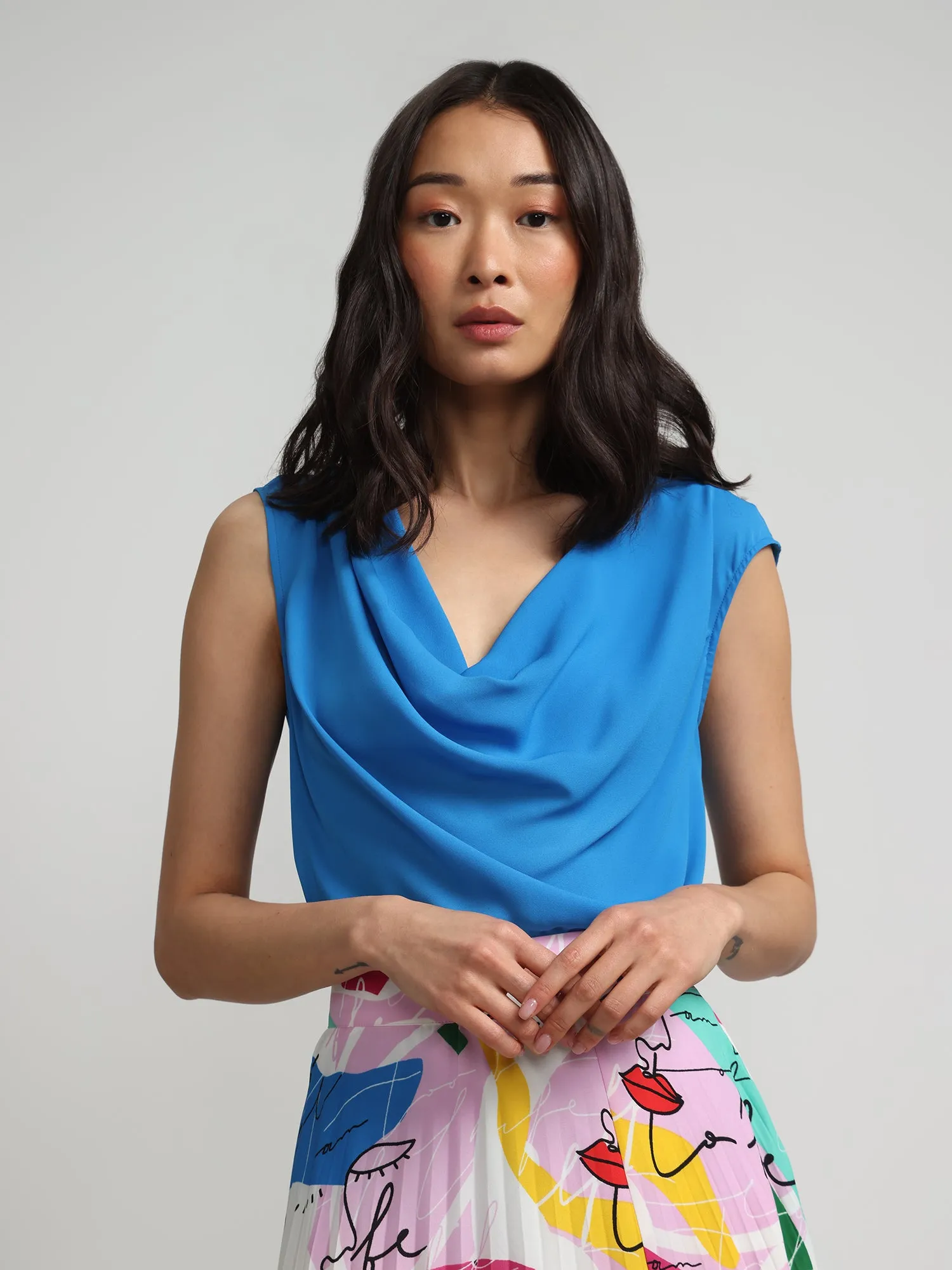 Cowl-Neck Flutter-Sleeve Blouse