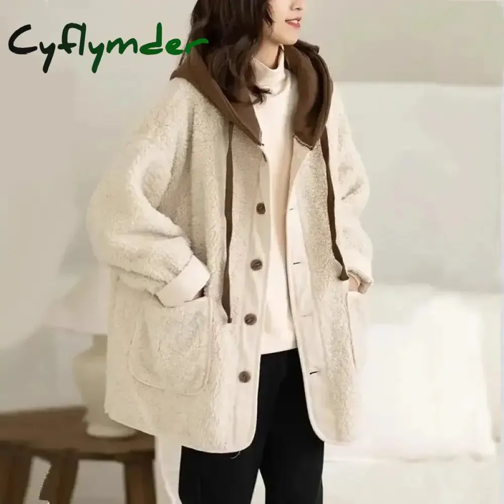 Cyflymder Lamb Wool Fleece Hooded Cotton-padded Jacket Coat Autumn Winter Women Clothes Patchwork Oversize Warm Fake Two Pieces Sweatshirt