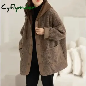 Cyflymder Lamb Wool Fleece Hooded Cotton-padded Jacket Coat Autumn Winter Women Clothes Patchwork Oversize Warm Fake Two Pieces Sweatshirt