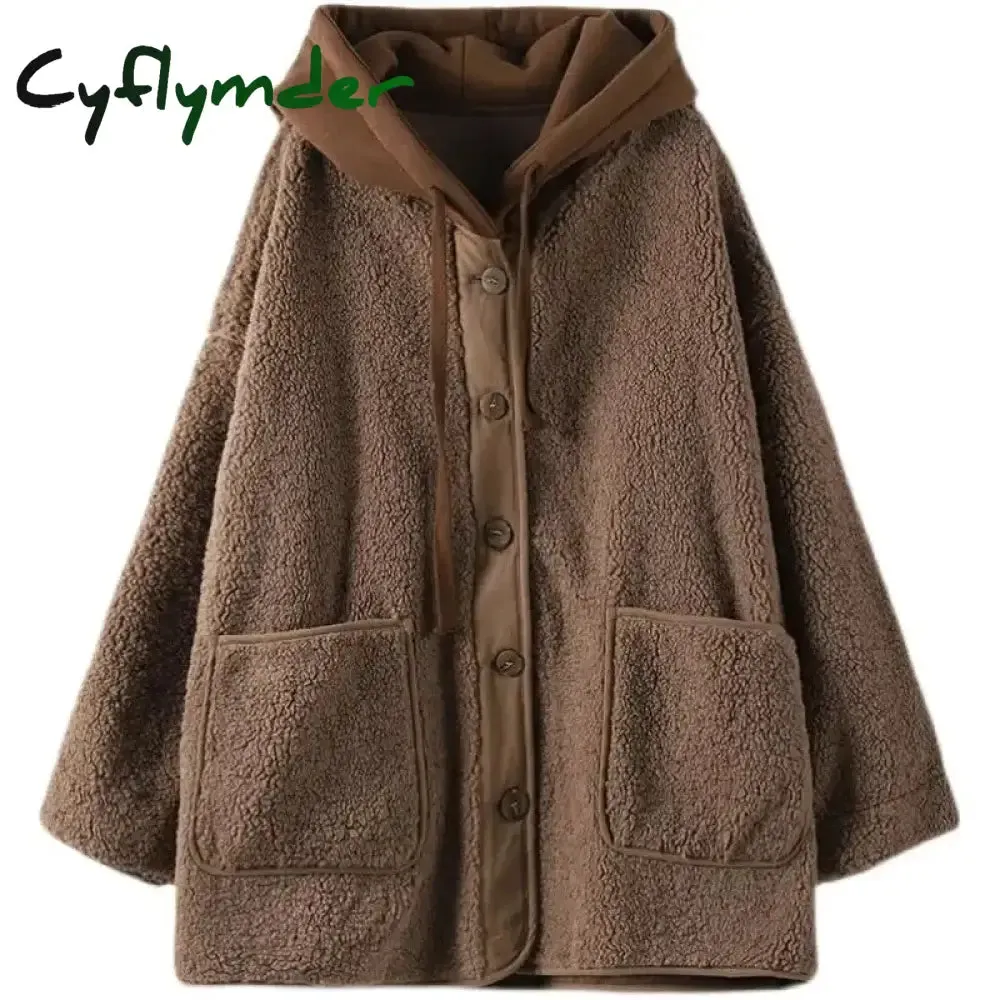 Cyflymder Lamb Wool Fleece Hooded Cotton-padded Jacket Coat Autumn Winter Women Clothes Patchwork Oversize Warm Fake Two Pieces Sweatshirt