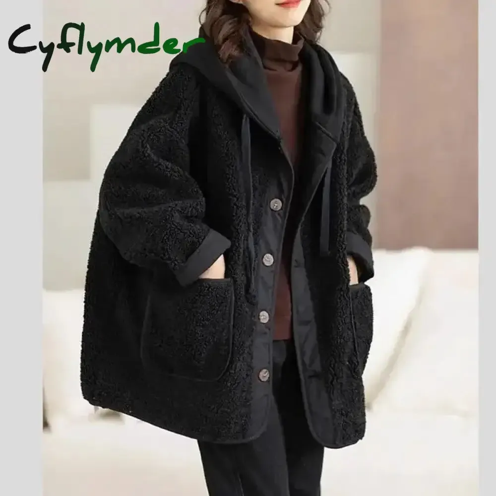 Cyflymder Lamb Wool Fleece Hooded Cotton-padded Jacket Coat Autumn Winter Women Clothes Patchwork Oversize Warm Fake Two Pieces Sweatshirt