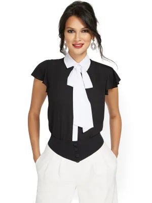 Flutter-Sleeve Bow-Neck Blouse