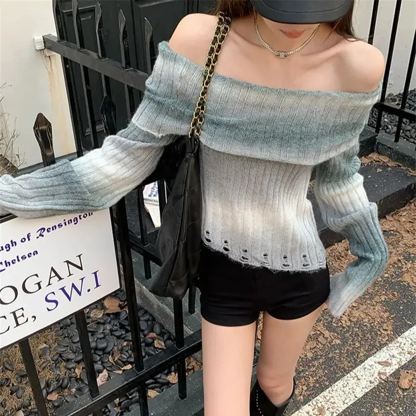 Girlary Retro Tie-Dying Sweaters Women Slash Neck Daily Soft Chic Sexy Slim New Sexy Autumn Office Lady Pullovers Gentle