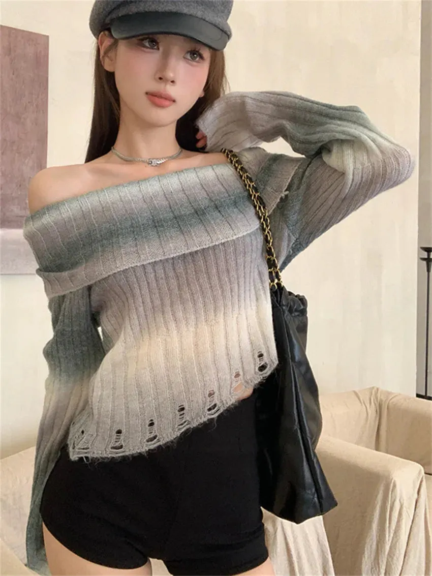 Girlary Retro Tie-Dying Sweaters Women Slash Neck Daily Soft Chic Sexy Slim New Sexy Autumn Office Lady Pullovers Gentle