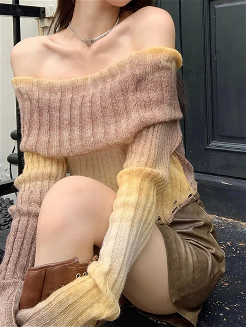 Girlary Retro Tie-Dying Sweaters Women Slash Neck Daily Soft Chic Sexy Slim New Sexy Autumn Office Lady Pullovers Gentle