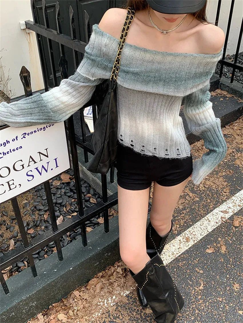 Girlary Retro Tie-Dying Sweaters Women Slash Neck Daily Soft Chic Sexy Slim New Sexy Autumn Office Lady Pullovers Gentle