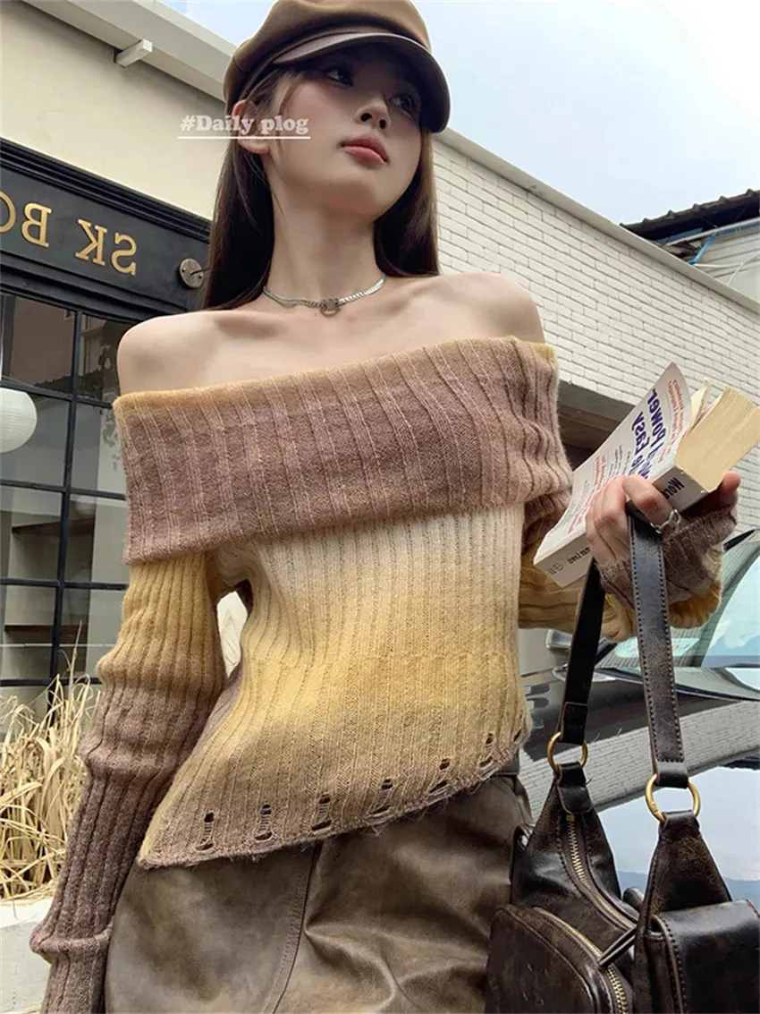 Girlary Retro Tie-Dying Sweaters Women Slash Neck Daily Soft Chic Sexy Slim New Sexy Autumn Office Lady Pullovers Gentle