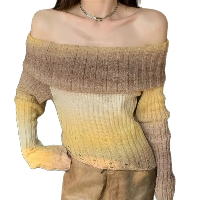 Girlary Retro Tie-Dying Sweaters Women Slash Neck Daily Soft Chic Sexy Slim New Sexy Autumn Office Lady Pullovers Gentle