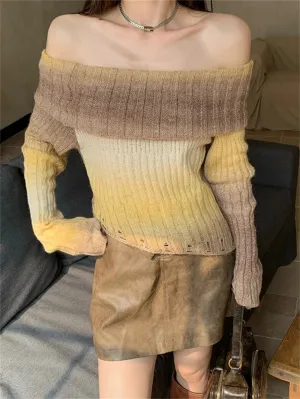 Girlary Retro Tie-Dying Sweaters Women Slash Neck Daily Soft Chic Sexy Slim New Sexy Autumn Office Lady Pullovers Gentle