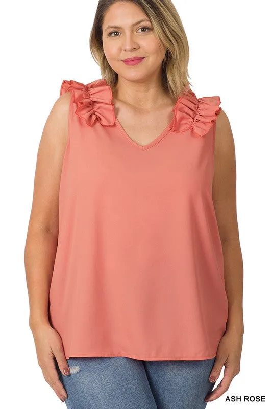 Hi Curvy Plus Size Women Woven Wool Dobby Ruffle Trim Sleeveless Top
