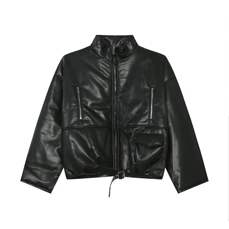 High Street Men's Padded Coats PU Leather Belt Stand Collar Zipper Patchwork Solid Color Casual Thick Male Jackets 9C8738