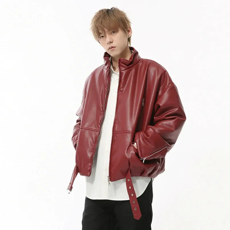 High Street Men's Padded Coats PU Leather Belt Stand Collar Zipper Patchwork Solid Color Casual Thick Male Jackets 9C8738