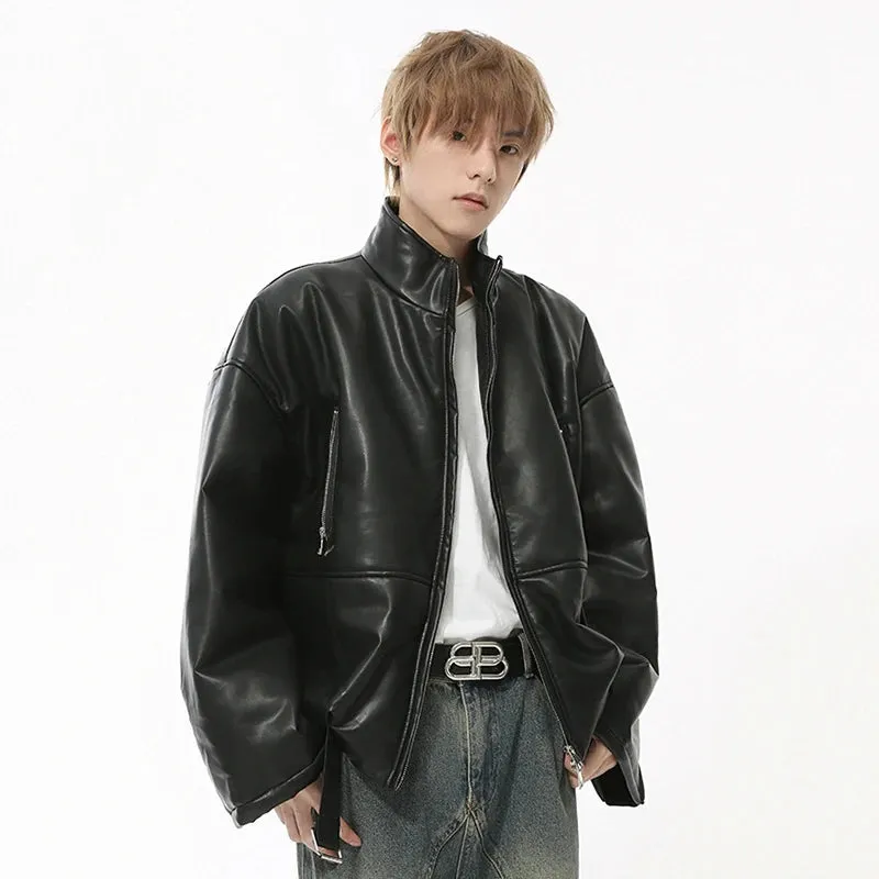 High Street Men's Padded Coats PU Leather Belt Stand Collar Zipper Patchwork Solid Color Casual Thick Male Jackets 9C8738