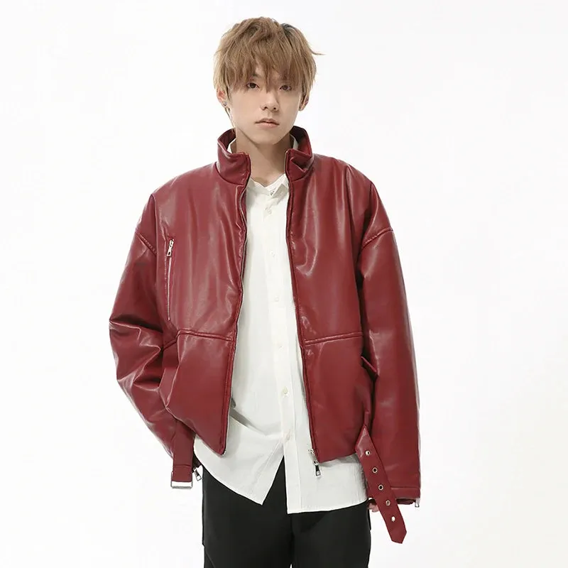 High Street Men's Padded Coats PU Leather Belt Stand Collar Zipper Patchwork Solid Color Casual Thick Male Jackets 9C8738