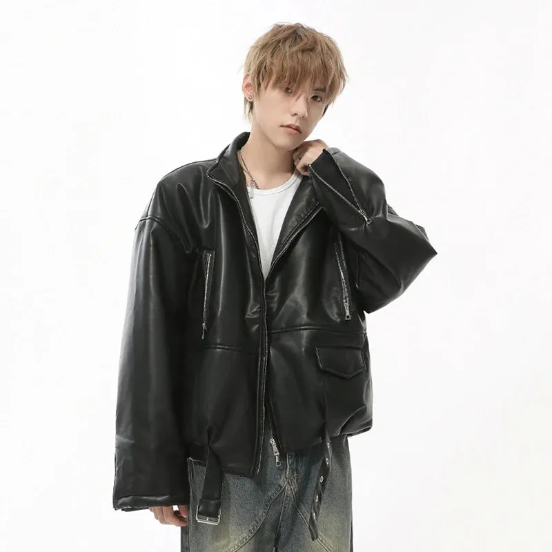 High Street Men's Padded Coats PU Leather Belt Stand Collar Zipper Patchwork Solid Color Casual Thick Male Jackets 9C8738