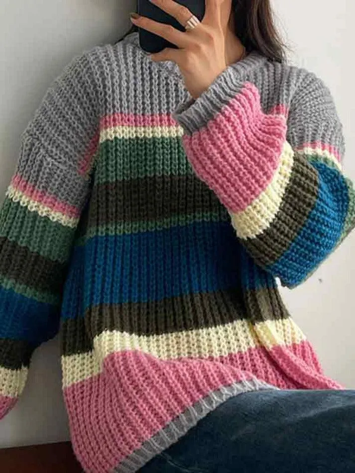 Knit Rainbow Stripe Loose Sweater