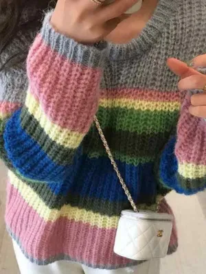 Knit Rainbow Stripe Loose Sweater