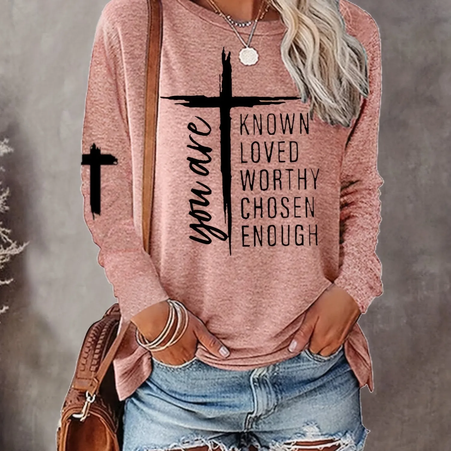 Long Sleeve Casual Crew Neck T-shirt with Cross & Letter Print - Soft Polyester Fabric, Micro Elasticity, Regular Fit, Pullover Style - Perfect for All Seasons