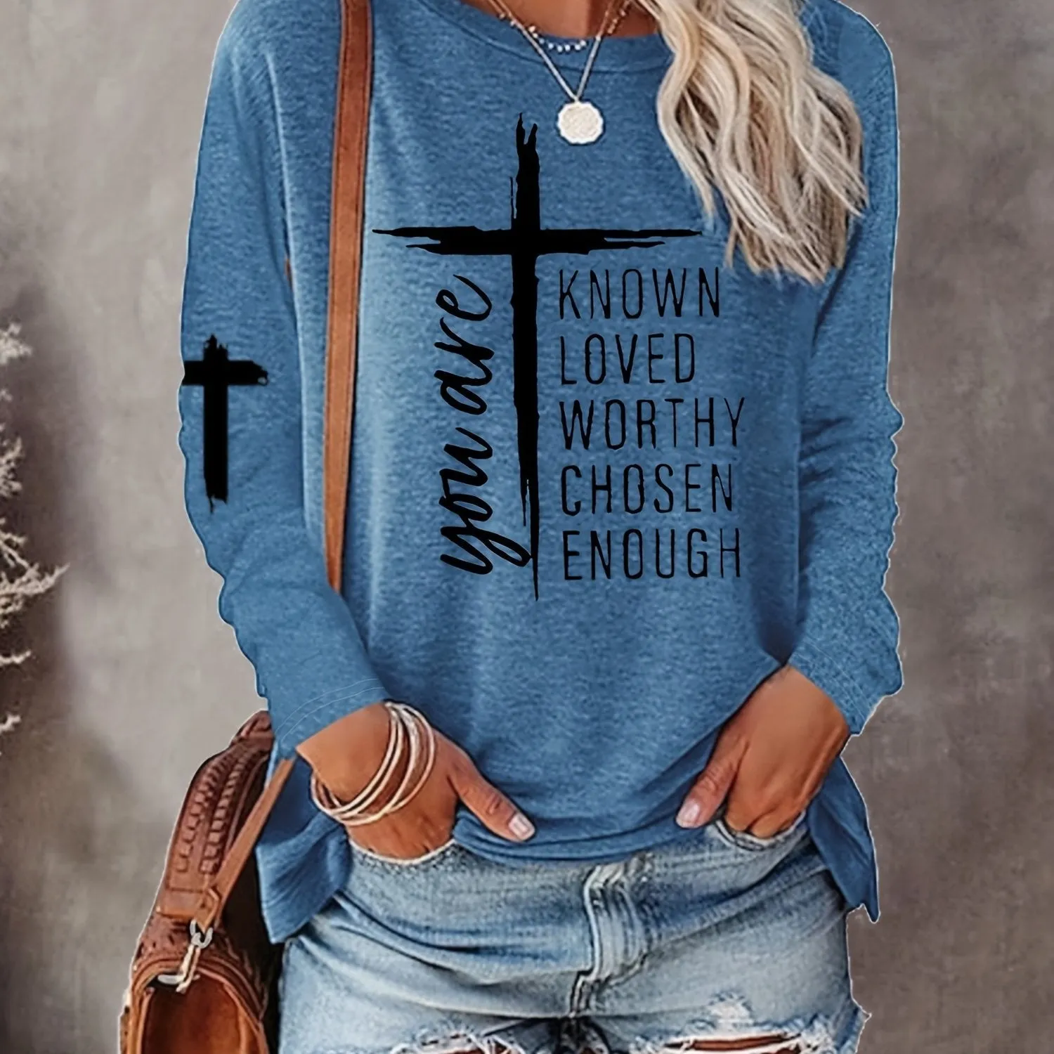 Long Sleeve Casual Crew Neck T-shirt with Cross & Letter Print - Soft Polyester Fabric, Micro Elasticity, Regular Fit, Pullover Style - Perfect for All Seasons