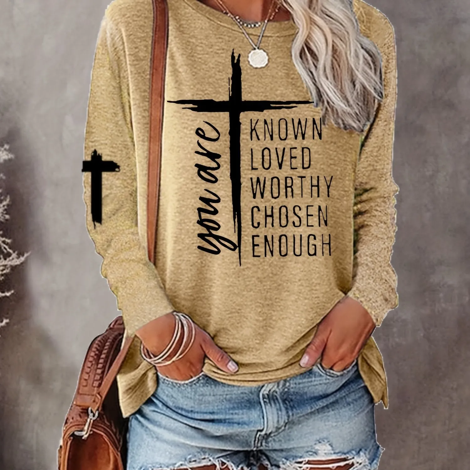 Long Sleeve Casual Crew Neck T-shirt with Cross & Letter Print - Soft Polyester Fabric, Micro Elasticity, Regular Fit, Pullover Style - Perfect for All Seasons
