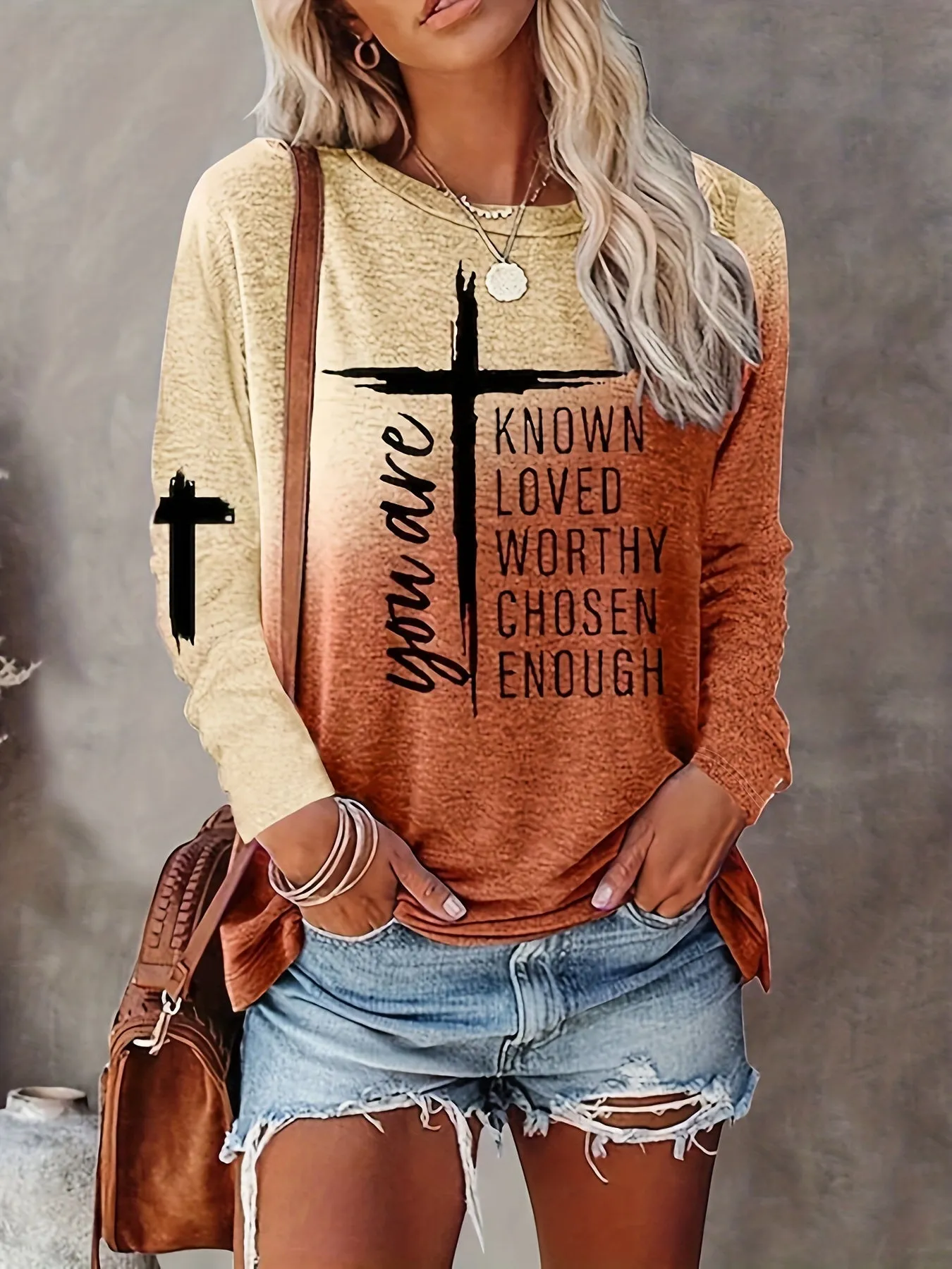 Long Sleeve Casual Crew Neck T-shirt with Cross & Letter Print - Soft Polyester Fabric, Micro Elasticity, Regular Fit, Pullover Style - Perfect for All Seasons
