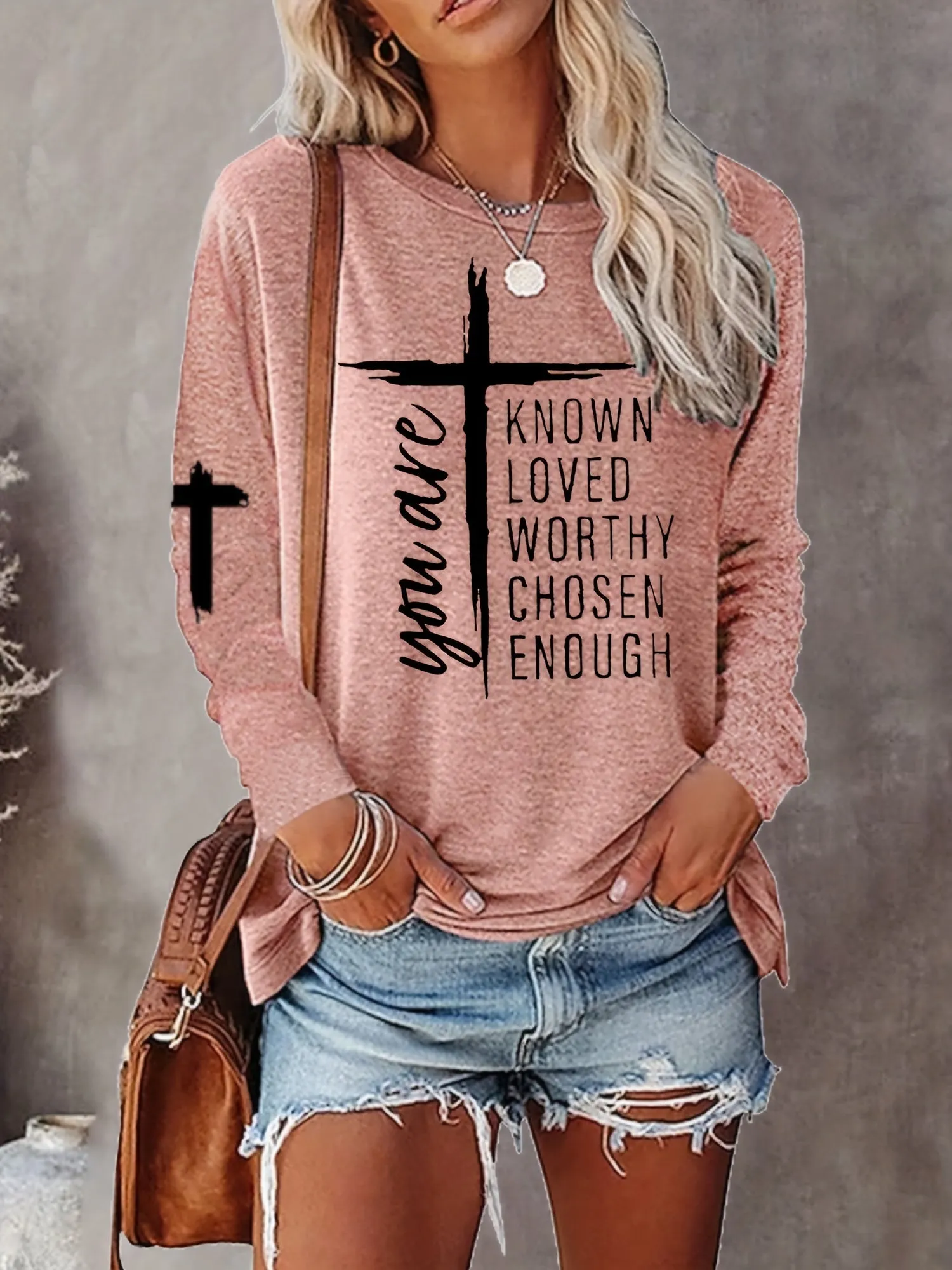 Long Sleeve Casual Crew Neck T-shirt with Cross & Letter Print - Soft Polyester Fabric, Micro Elasticity, Regular Fit, Pullover Style - Perfect for All Seasons