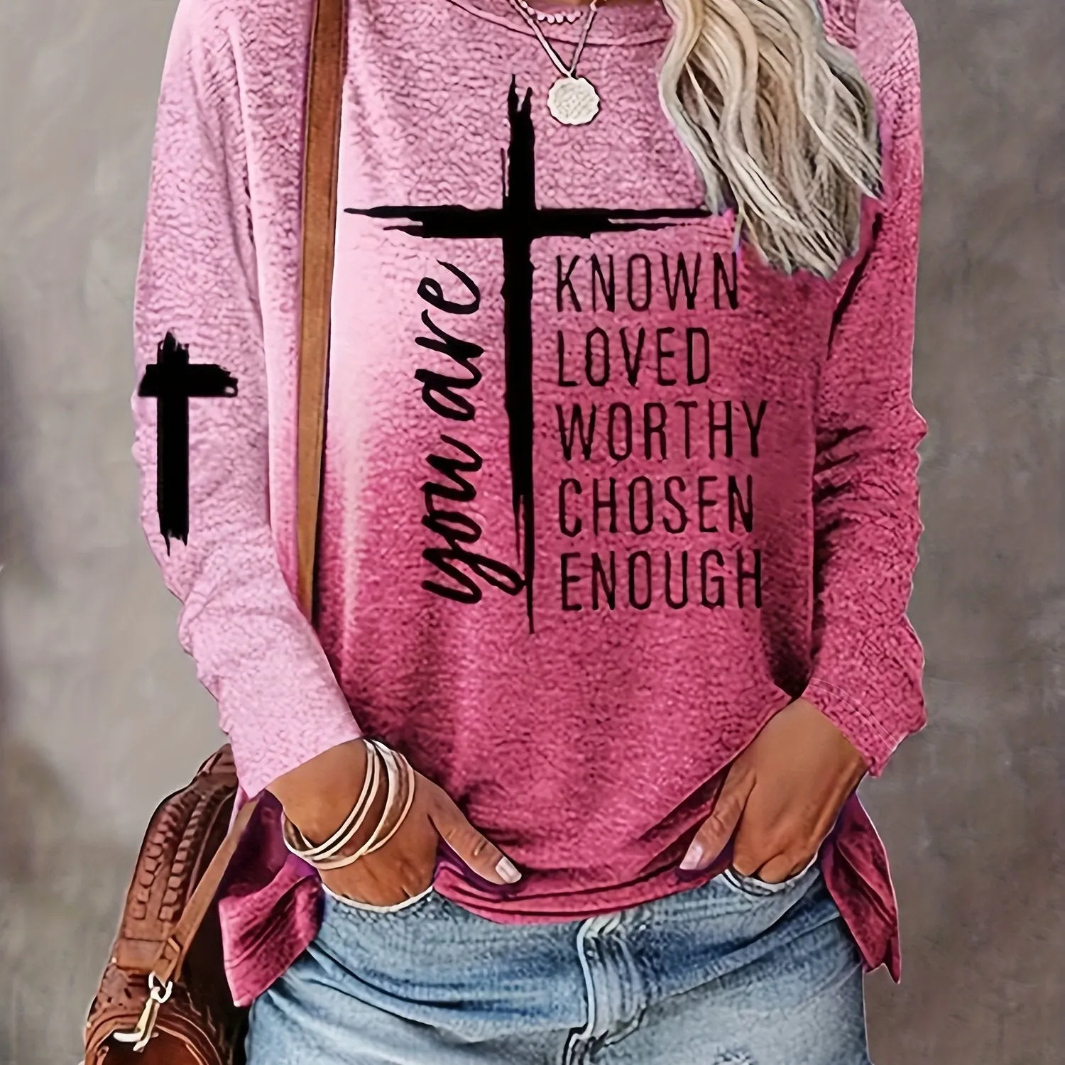 Long Sleeve Casual Crew Neck T-shirt with Cross & Letter Print - Soft Polyester Fabric, Micro Elasticity, Regular Fit, Pullover Style - Perfect for All Seasons