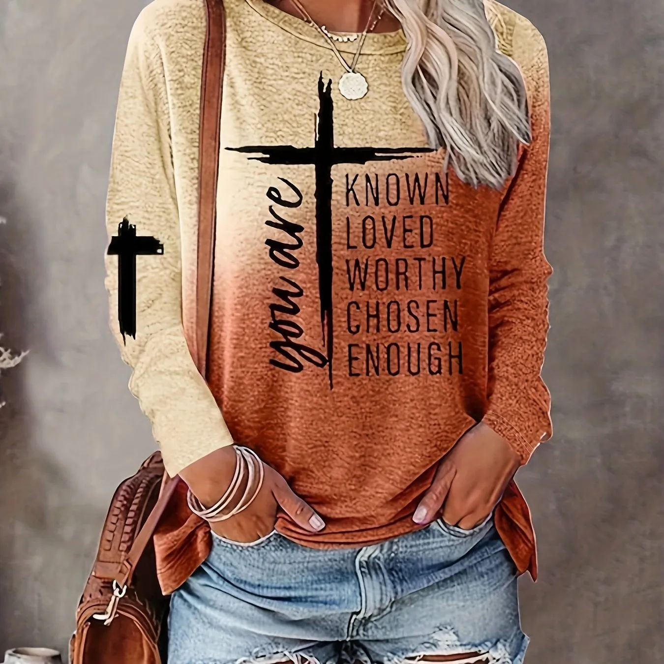 Long Sleeve Casual Crew Neck T-shirt with Cross & Letter Print - Soft Polyester Fabric, Micro Elasticity, Regular Fit, Pullover Style - Perfect for All Seasons
