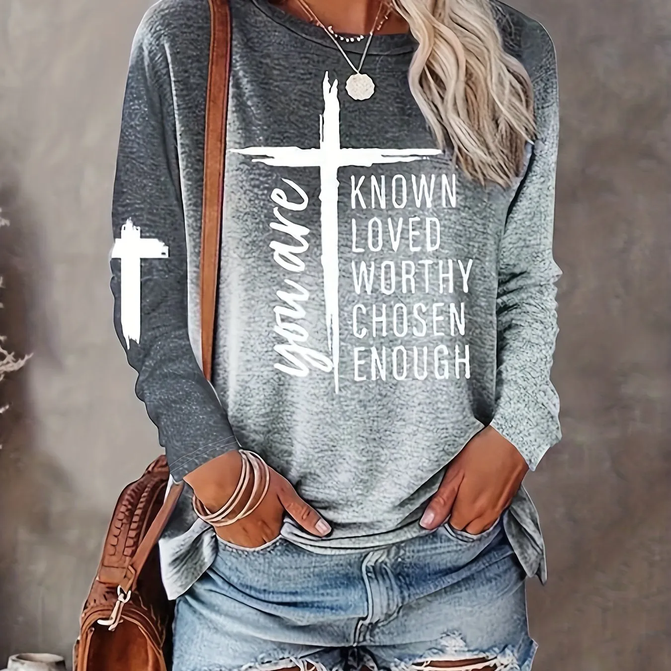 Long Sleeve Casual Crew Neck T-shirt with Cross & Letter Print - Soft Polyester Fabric, Micro Elasticity, Regular Fit, Pullover Style - Perfect for All Seasons