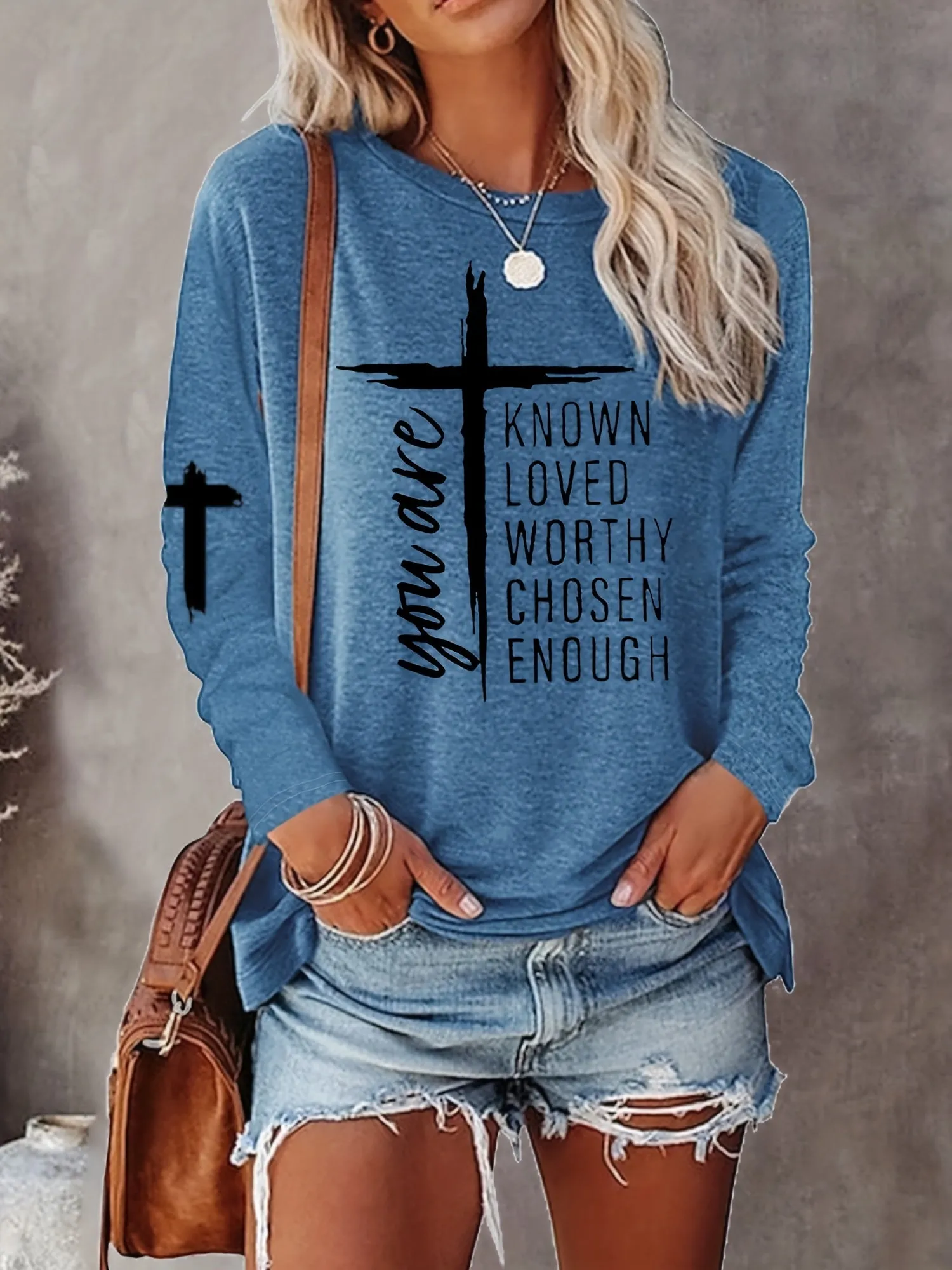 Long Sleeve Casual Crew Neck T-shirt with Cross & Letter Print - Soft Polyester Fabric, Micro Elasticity, Regular Fit, Pullover Style - Perfect for All Seasons